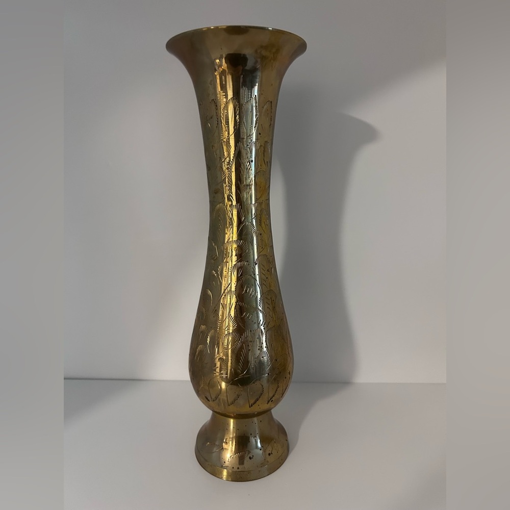 MCM solid brass gold tone metal Vase made India mid century modern flower decor
